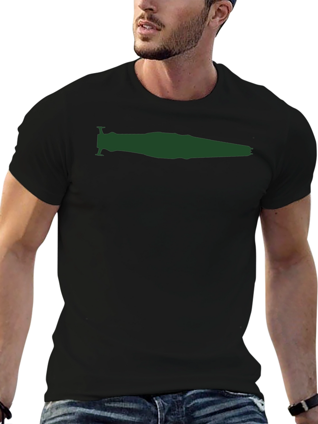Mens Black T-Shirt with Green Spaceship Silhouette