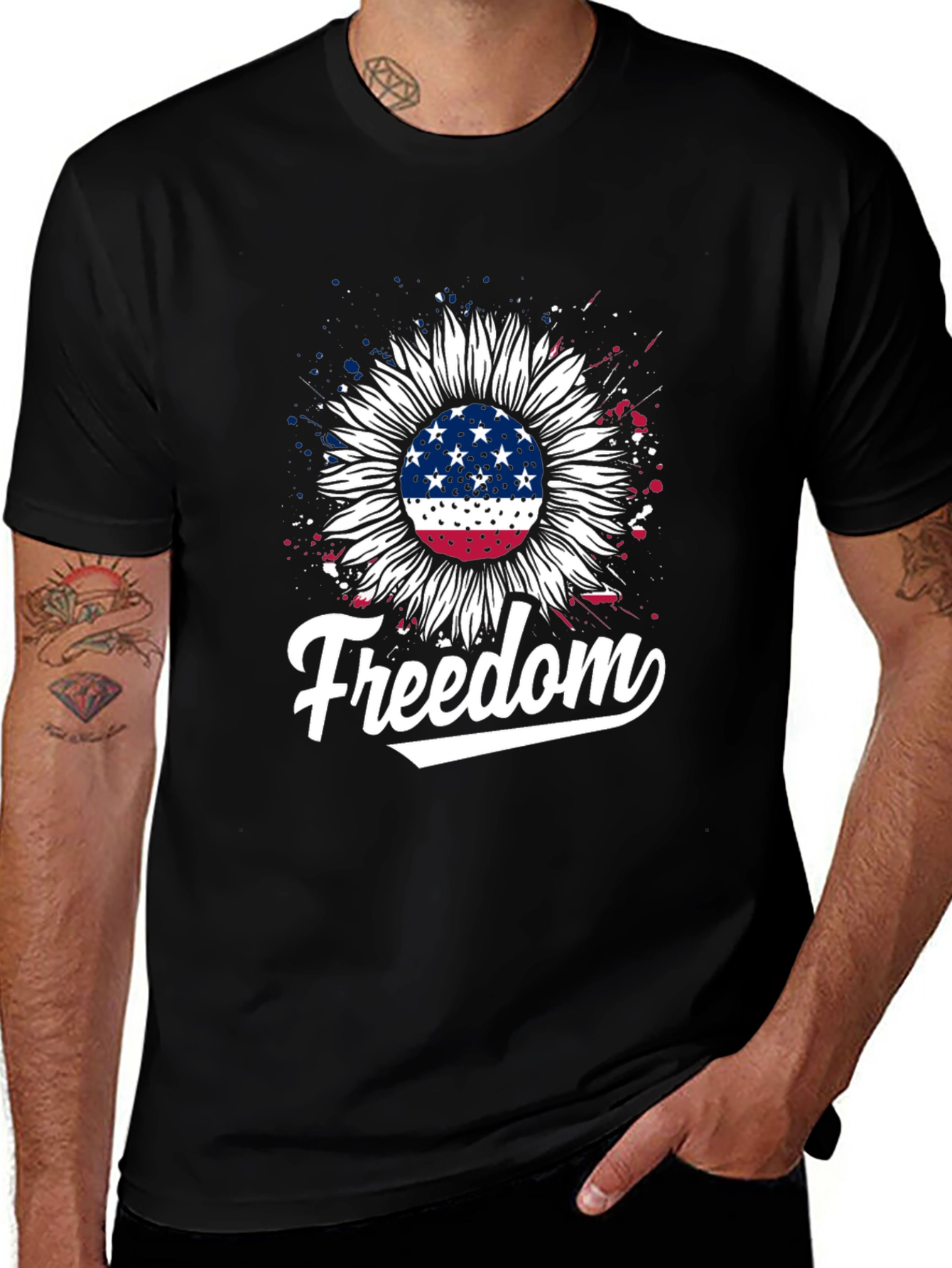 Freedom Sunflower American Flag Graphic T-Shirt
