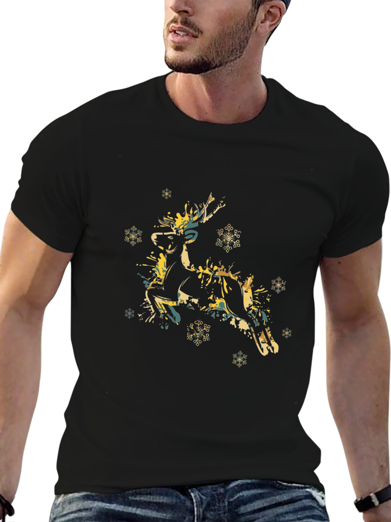 Watercolor Reindeer Graphic Tee - Black