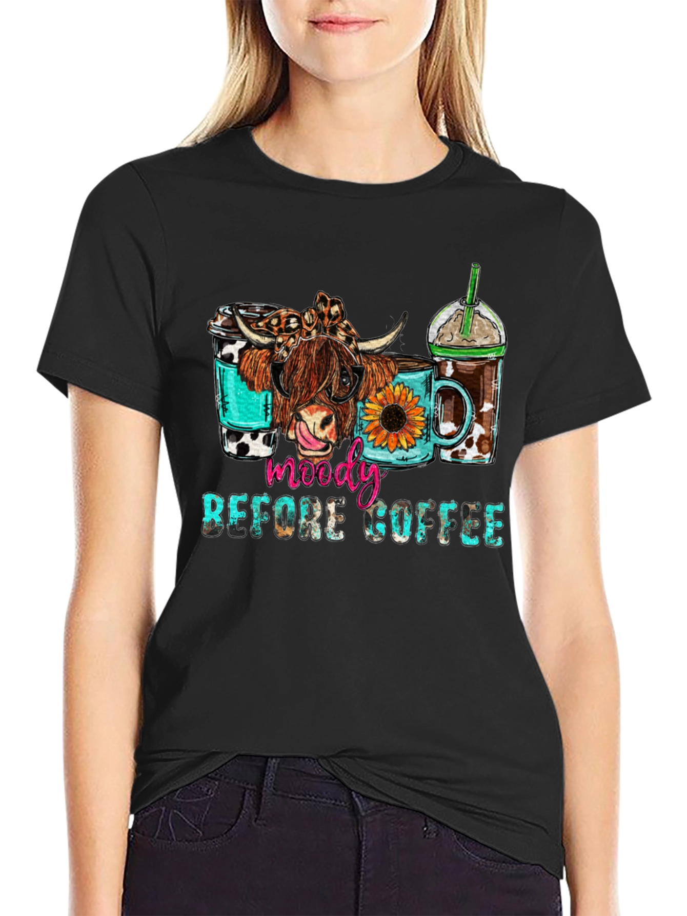Moody Before Coffee Highland Cow Graphic Tee