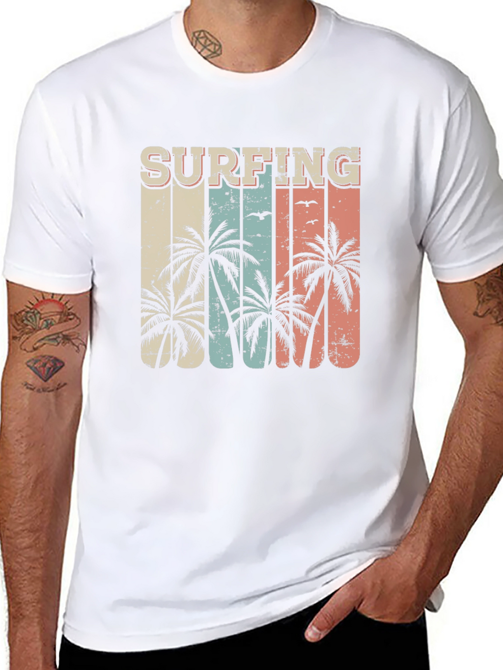 Surfing Palm Tree Graphic Tee - Retro Style