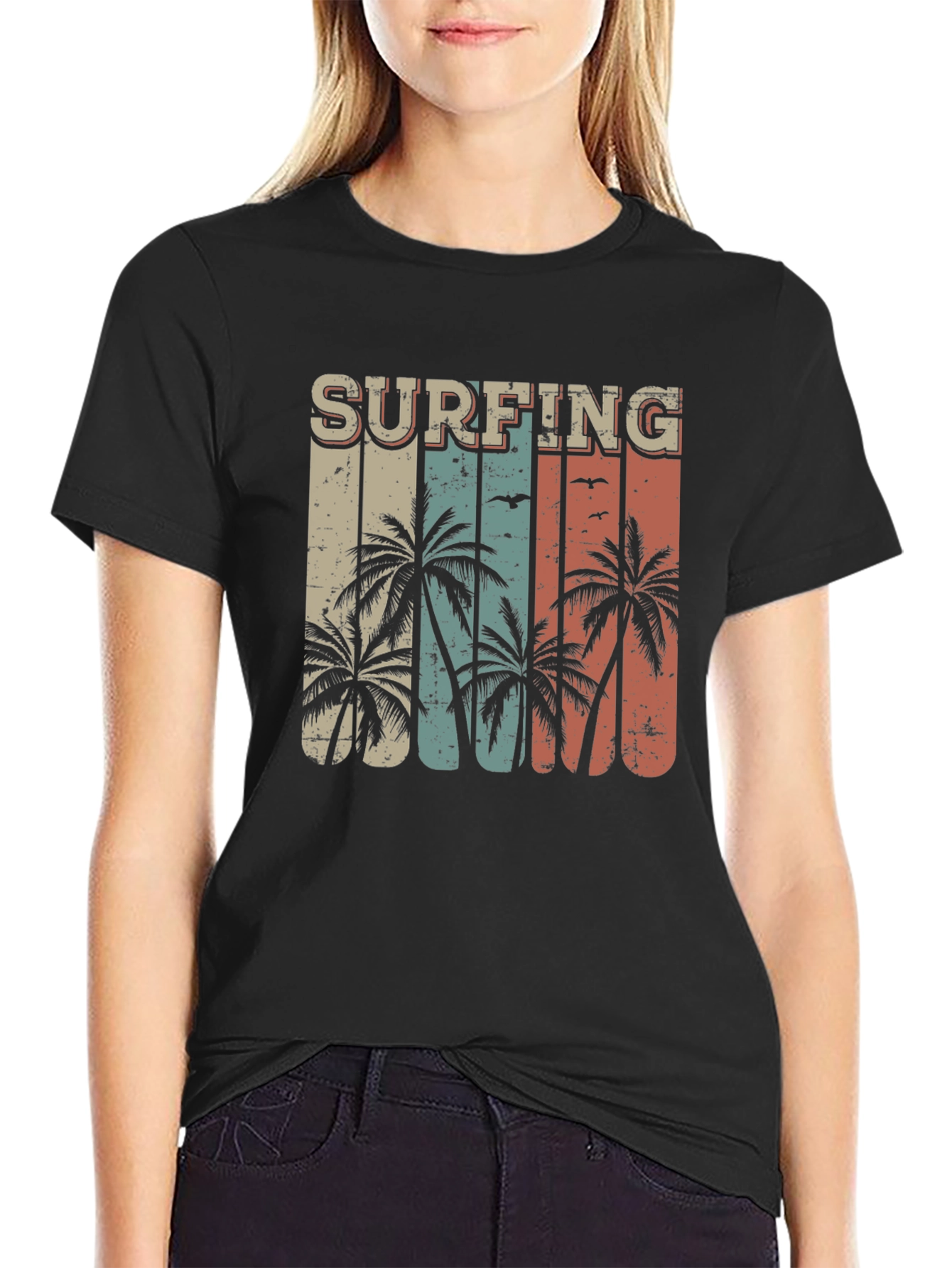 Surfing Palm Tree Graphic Tee - Retro Style