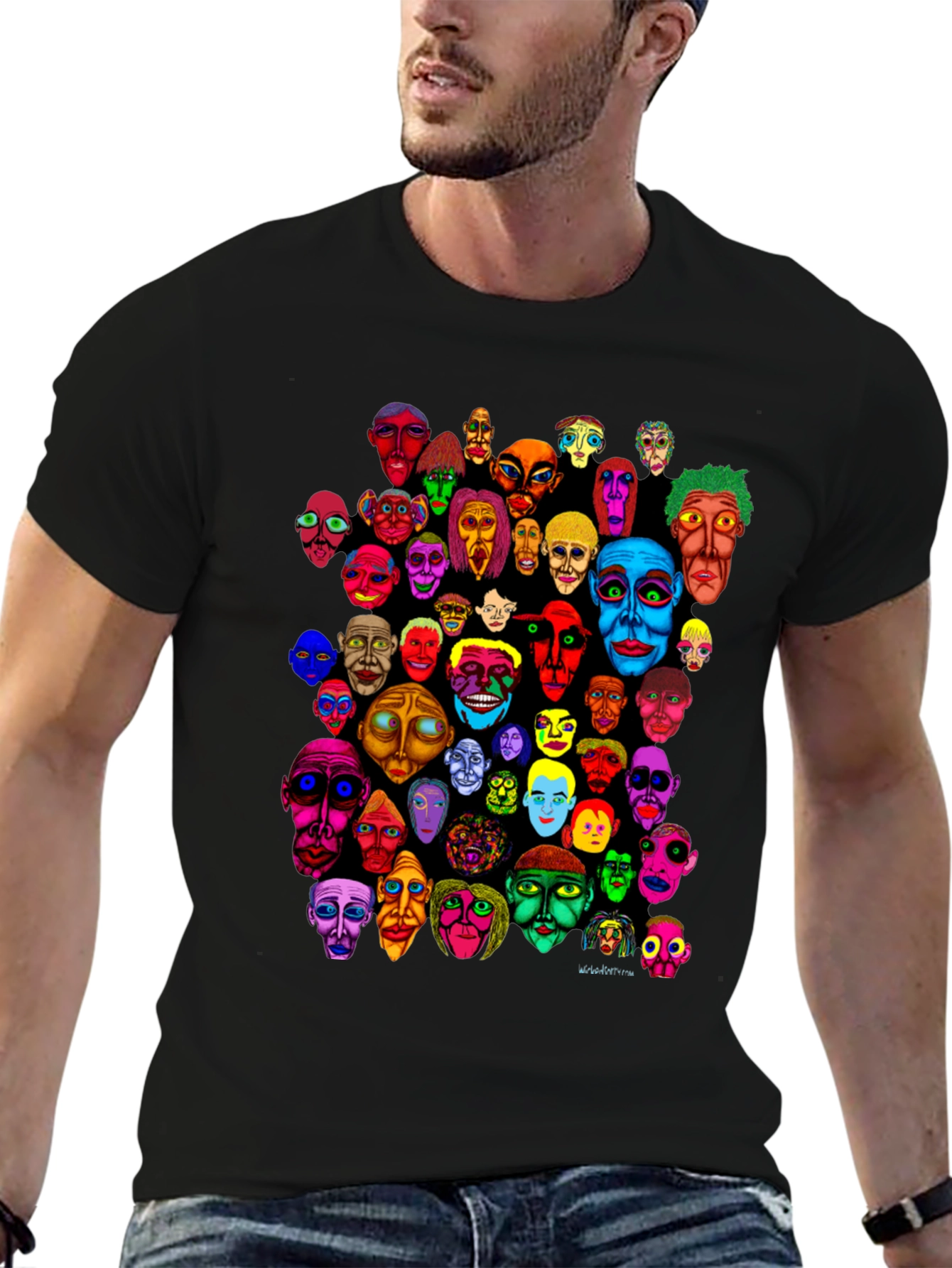 Abstract Faces Graphic Print Black T-Shirt