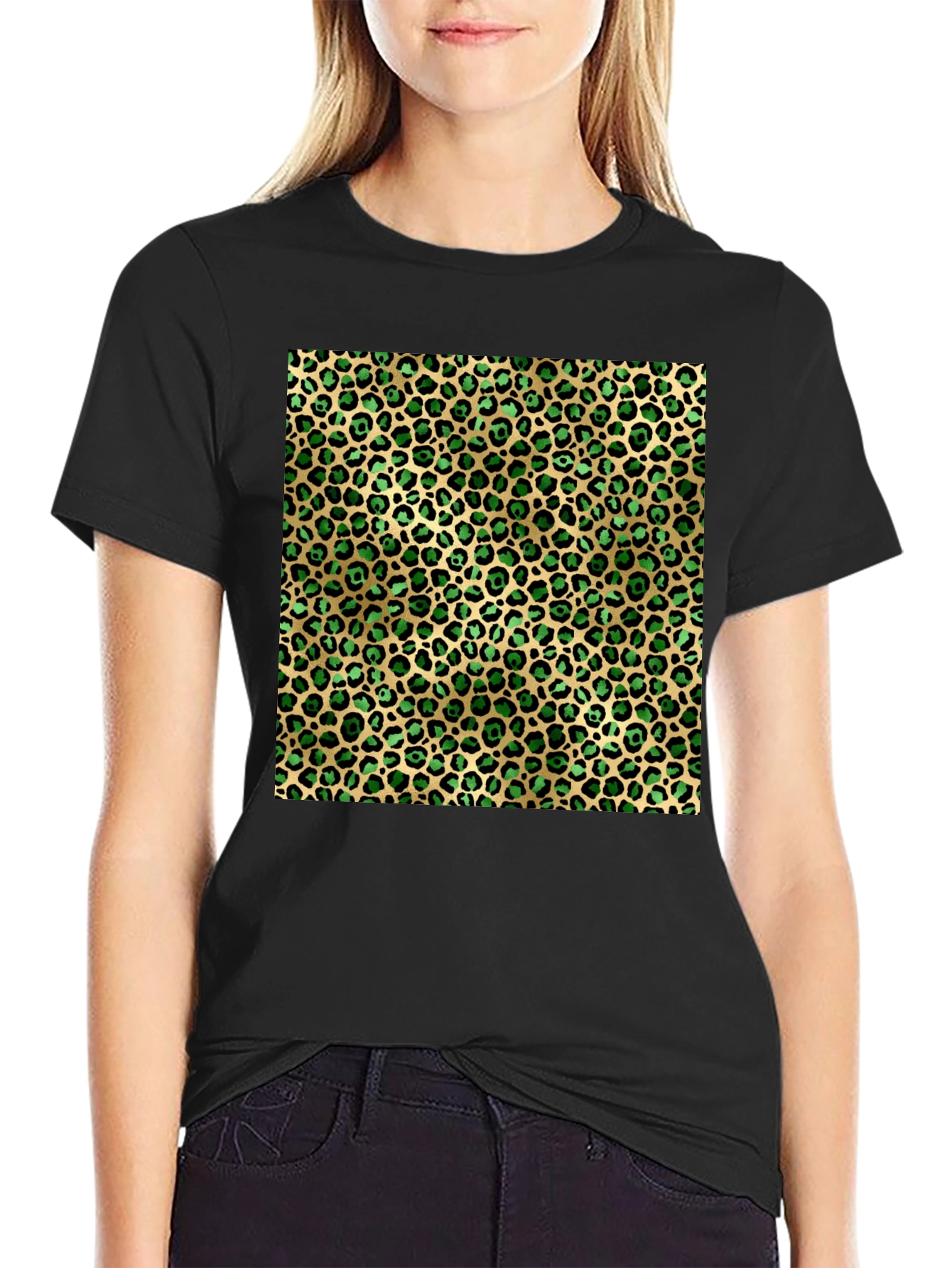 Green Leopard Print Crew Neck Tee