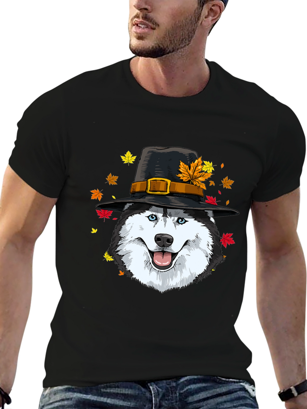 Thanksgiving Husky Pilgrim Hat T-Shirt