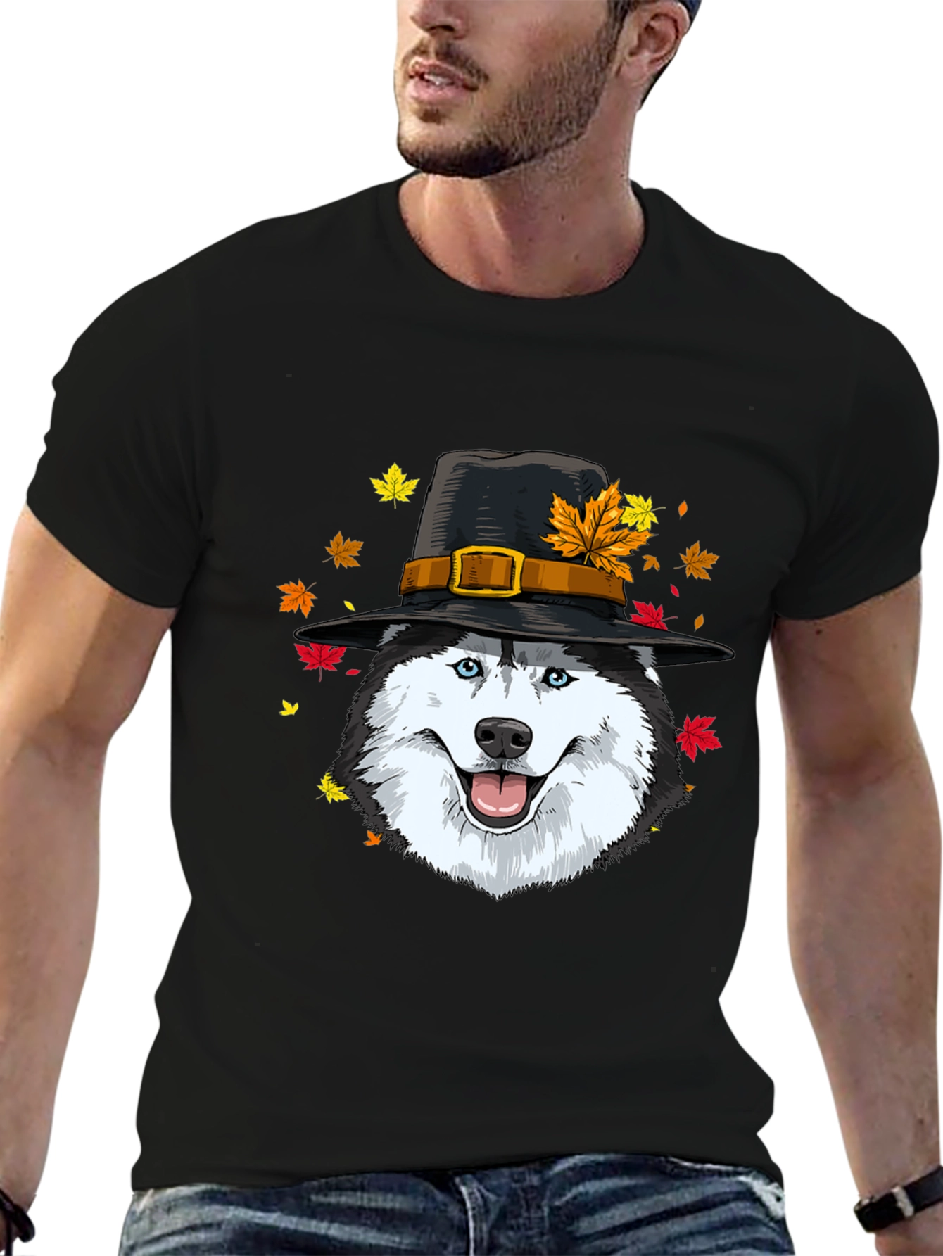 Thanksgiving Husky Pilgrim Hat T-Shirt