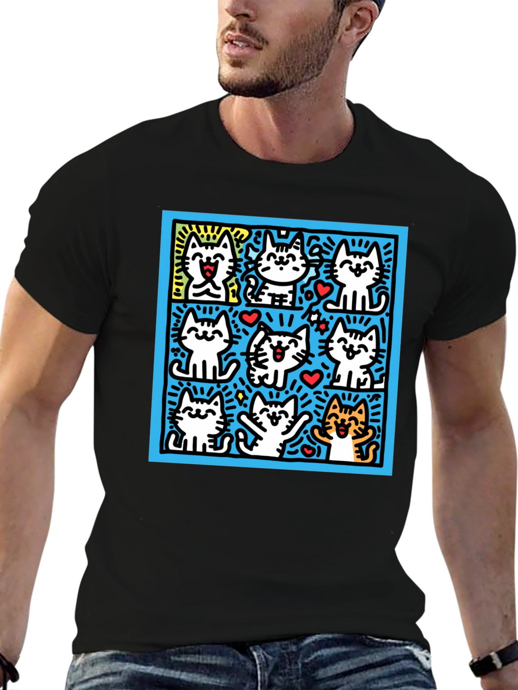Cute Cats Pop Art Black T-Shirt