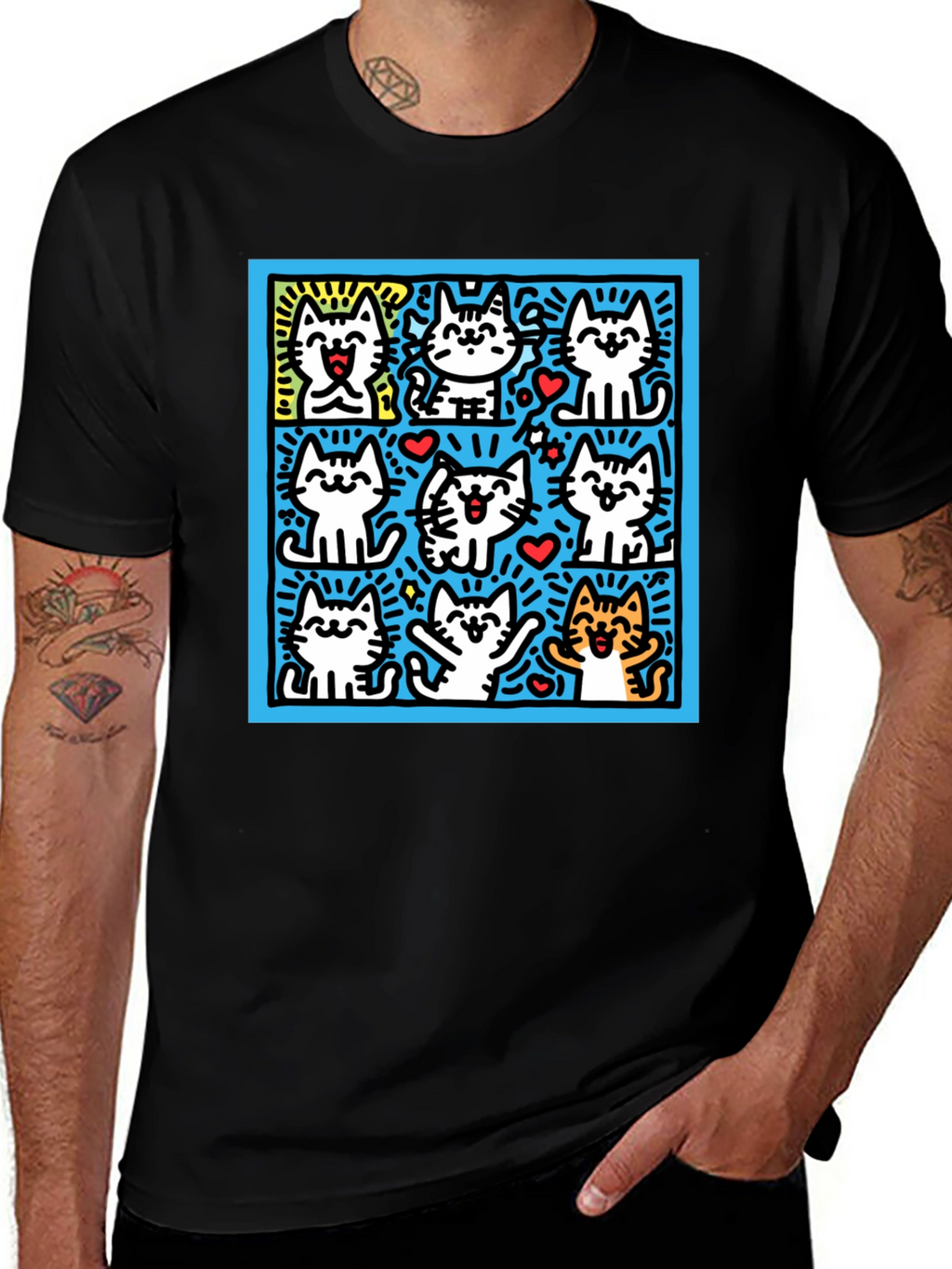 Cute Cats Pop Art Black T-Shirt