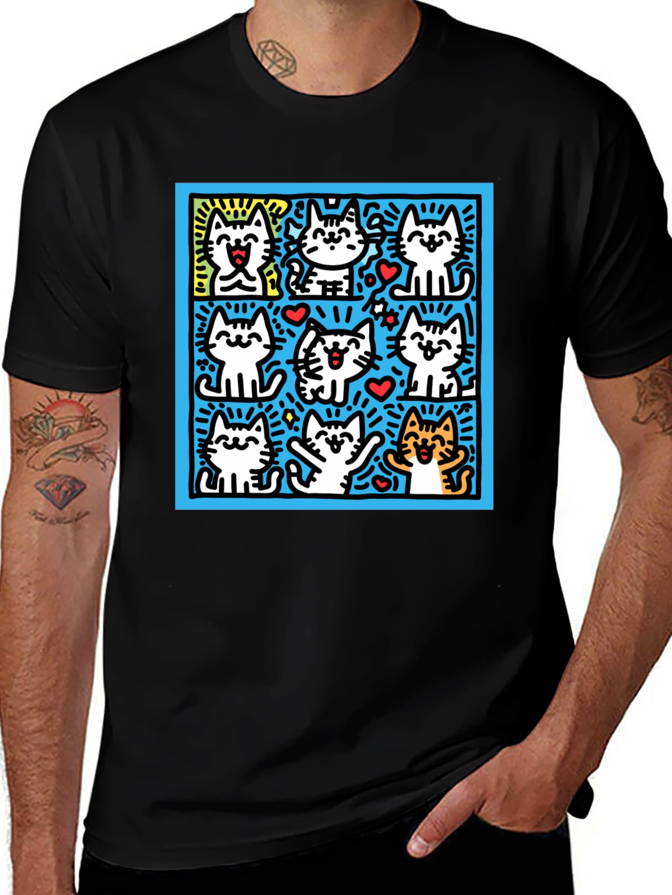 Cute Cats Pop Art Black T-Shirt