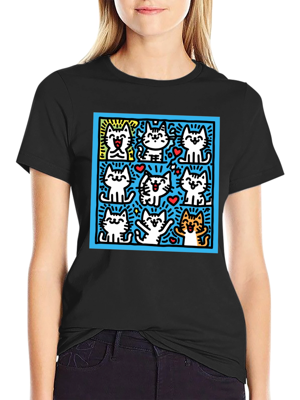 Cute Cats Pop Art Black T-Shirt