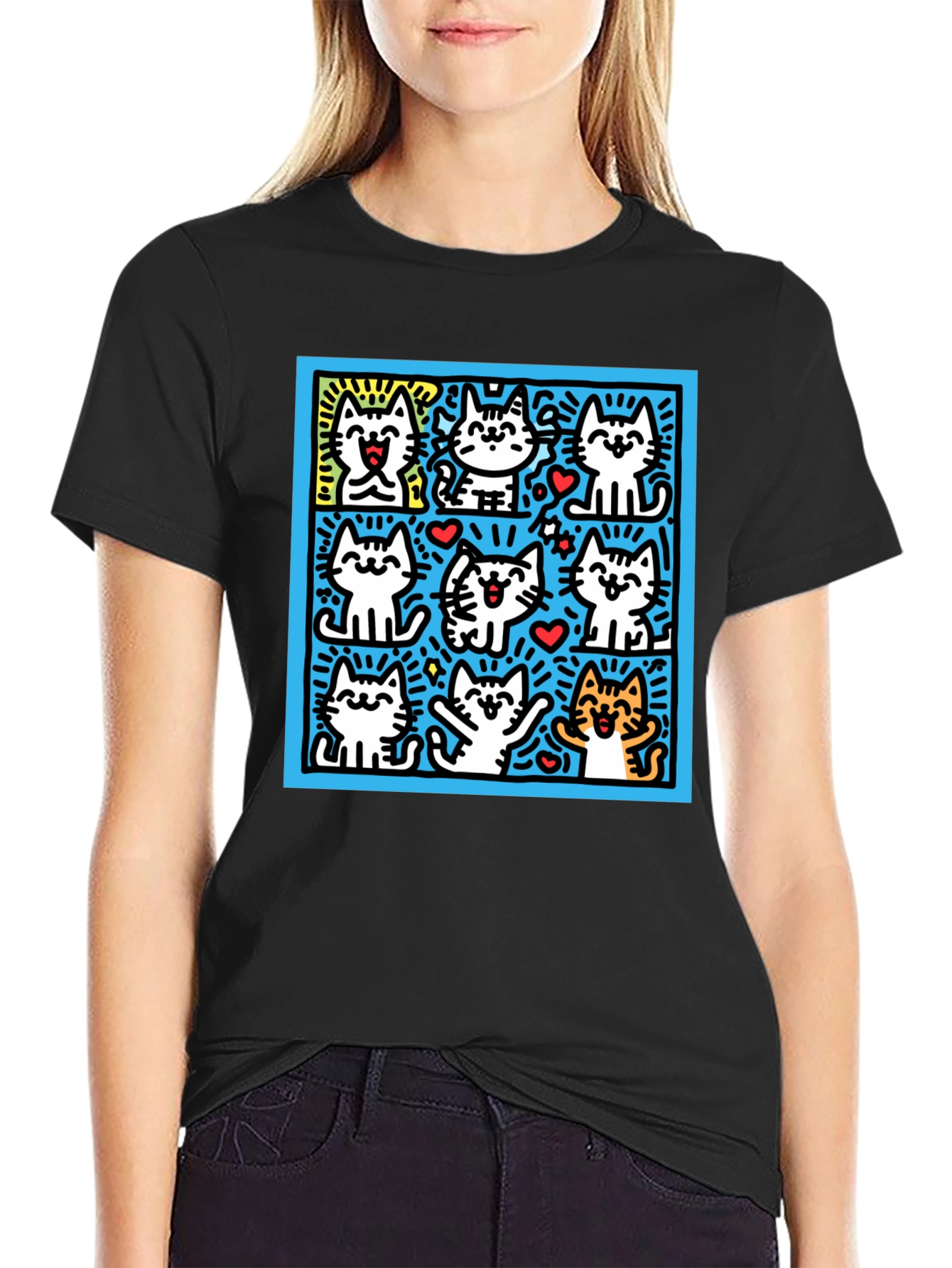 Cute Cats Pop Art Black T-Shirt