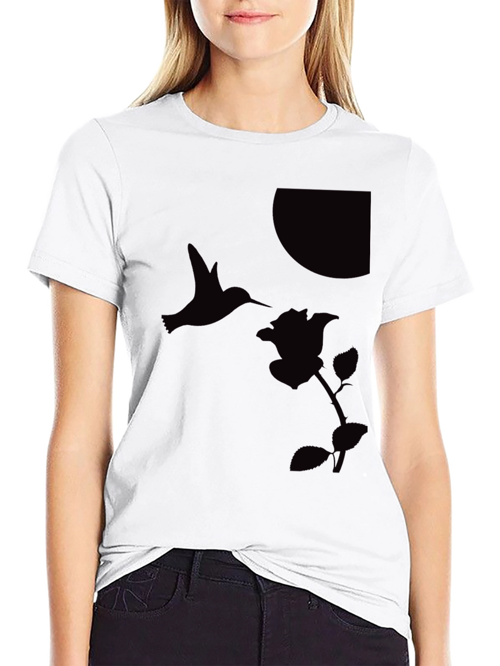 Hummingbird & Rose Graphic Tee - Sleek Black T-Shirt