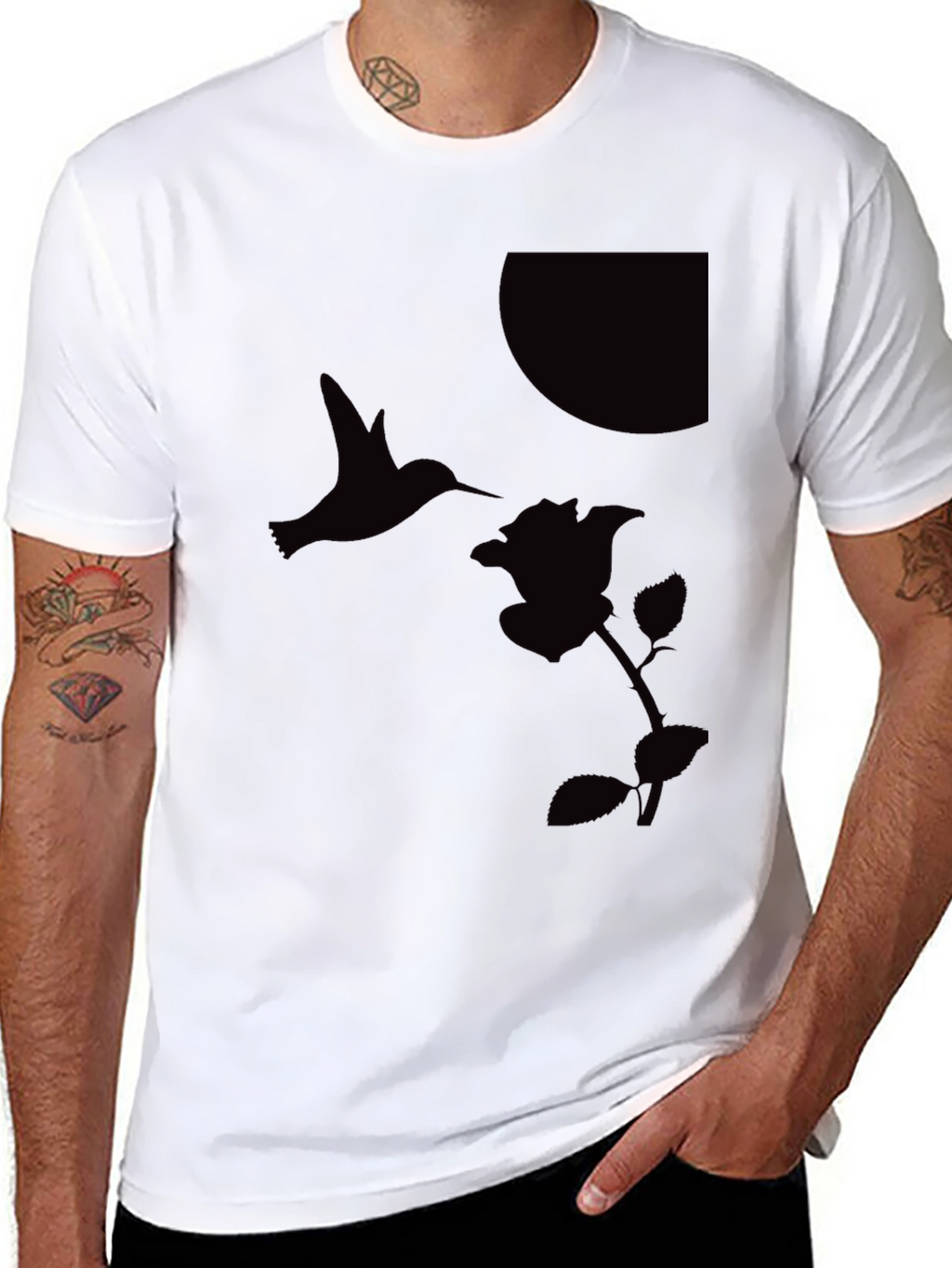 Hummingbird & Rose Graphic Tee - Sleek Black T-Shirt