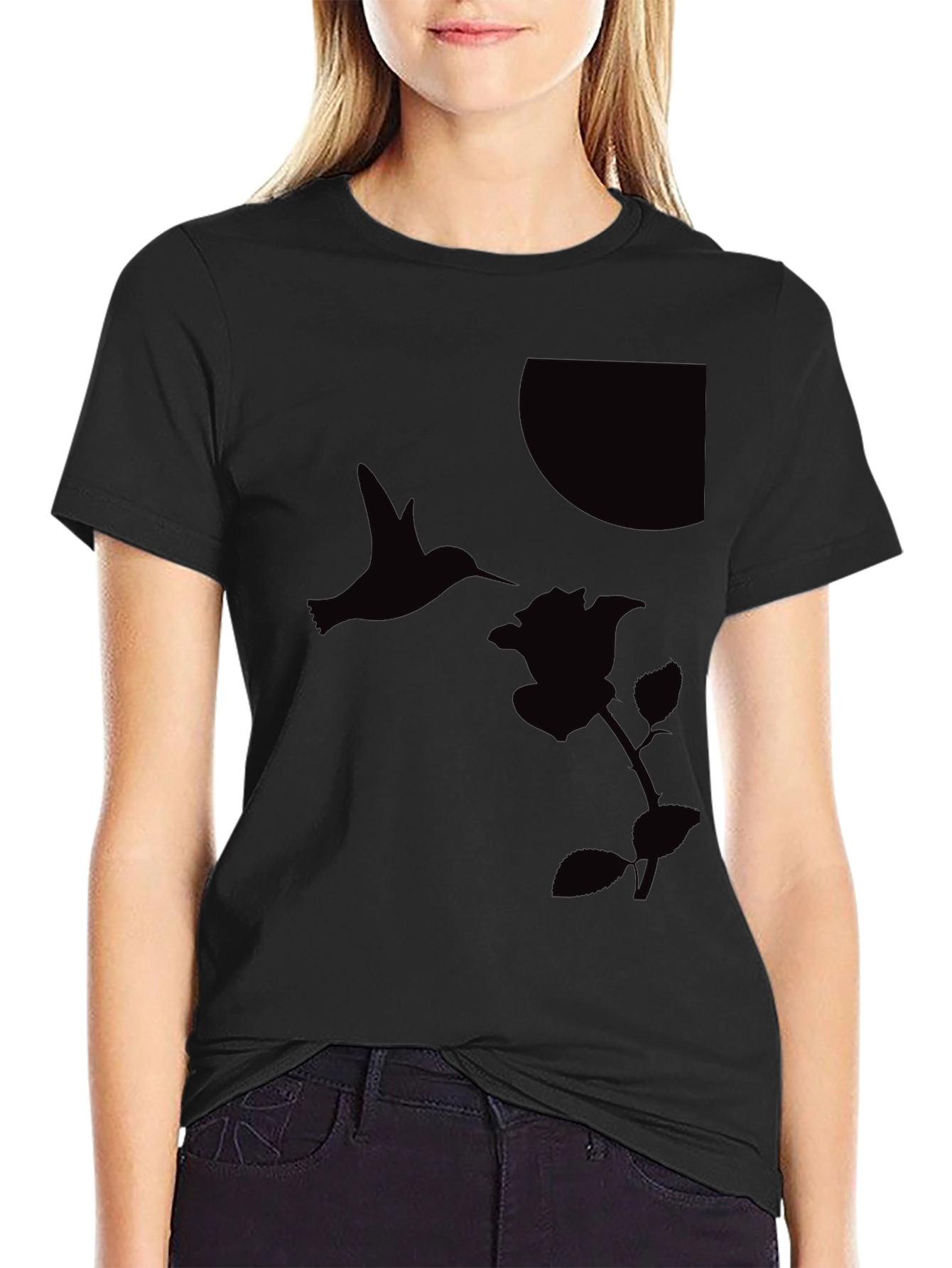 Hummingbird & Rose Graphic Tee - Sleek Black T-Shirt