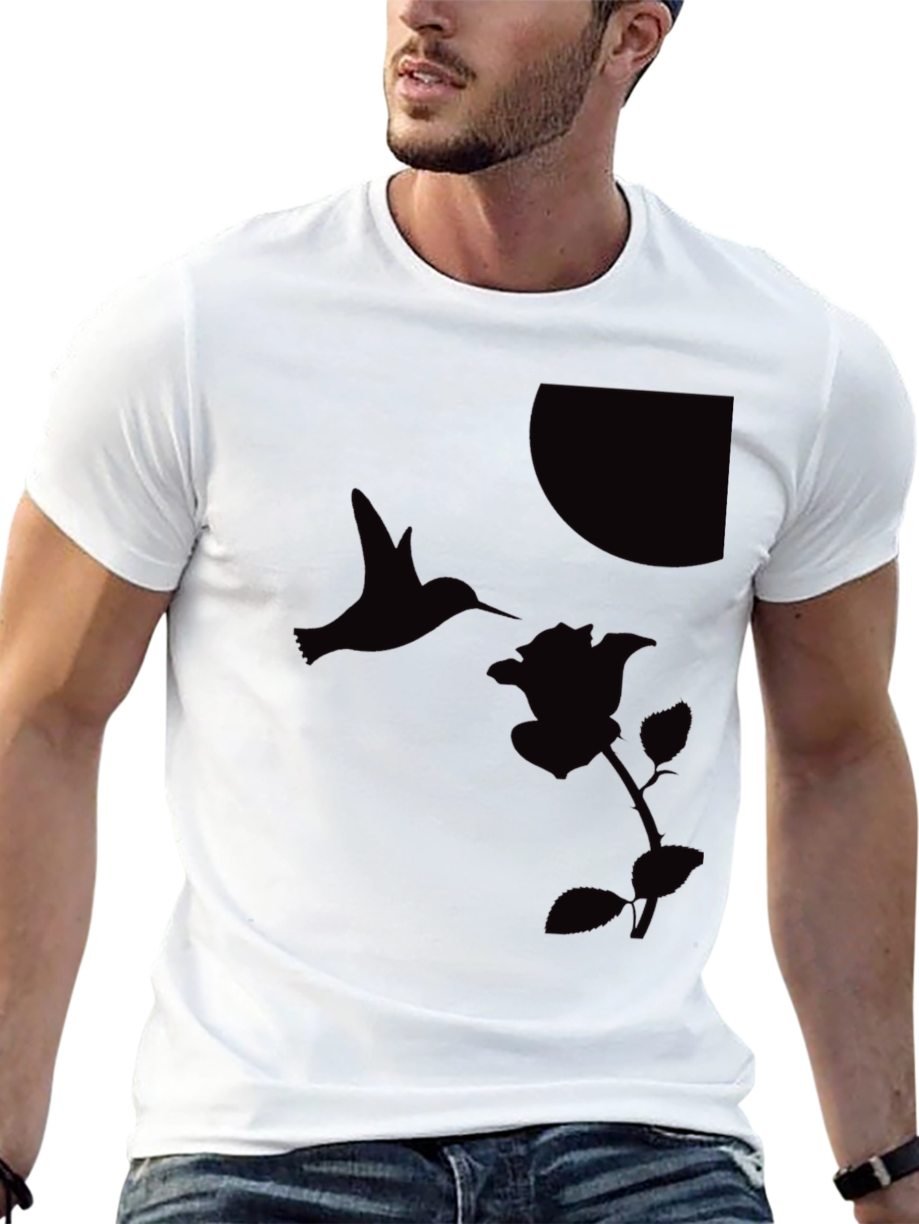 Hummingbird & Rose Graphic Tee - Sleek Black T-Shirt