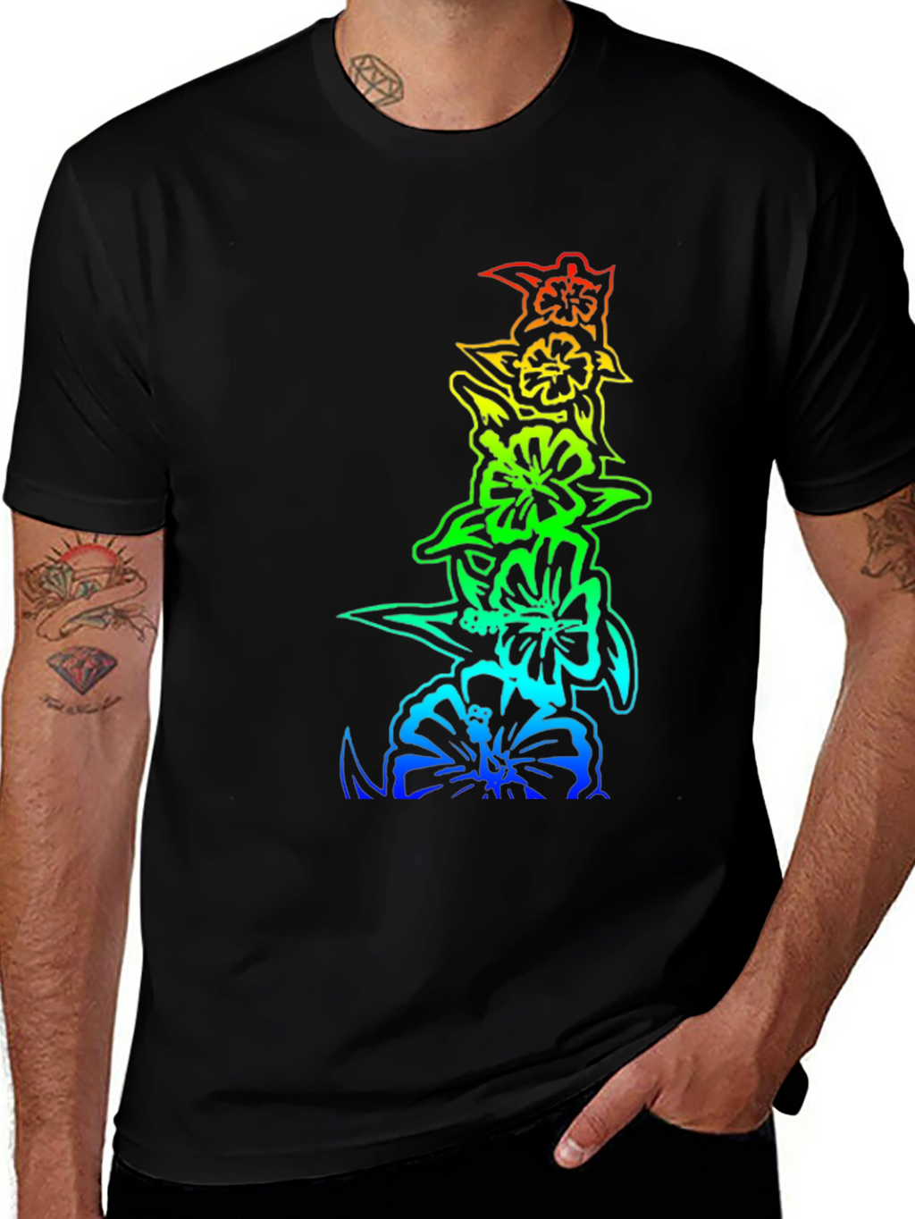 Rainbow Hibiscus Flower Graphic Black T-Shirt