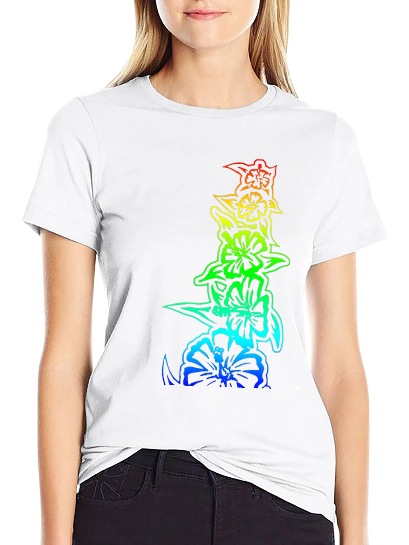 Rainbow Hibiscus Flower Graphic Black T-Shirt