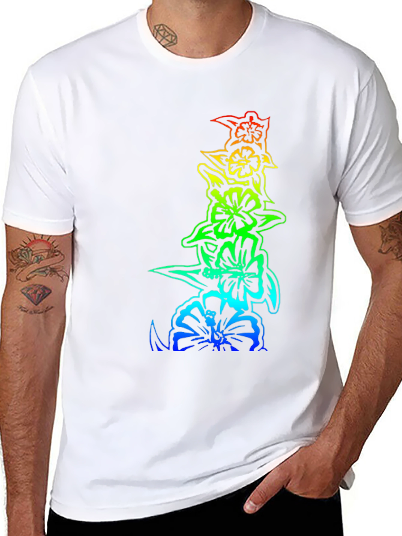 Rainbow Hibiscus Flower Graphic Black T-Shirt