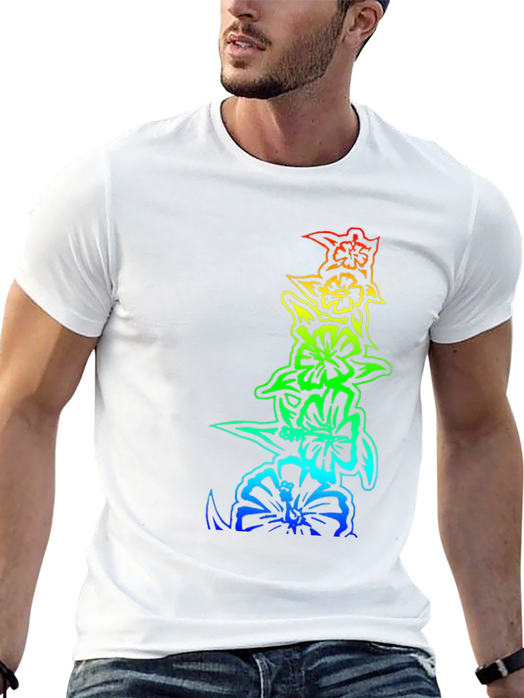 Rainbow Hibiscus Flower Graphic Black T-Shirt