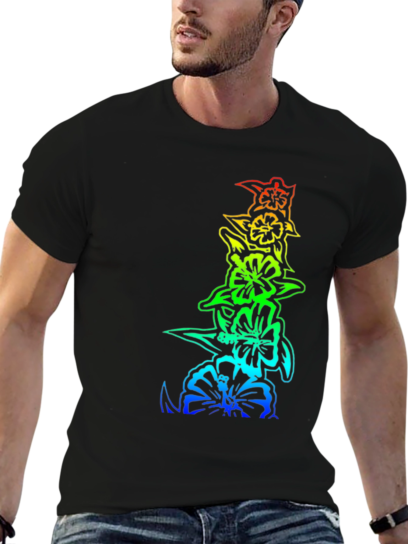 Rainbow Hibiscus Flower Graphic Black T-Shirt