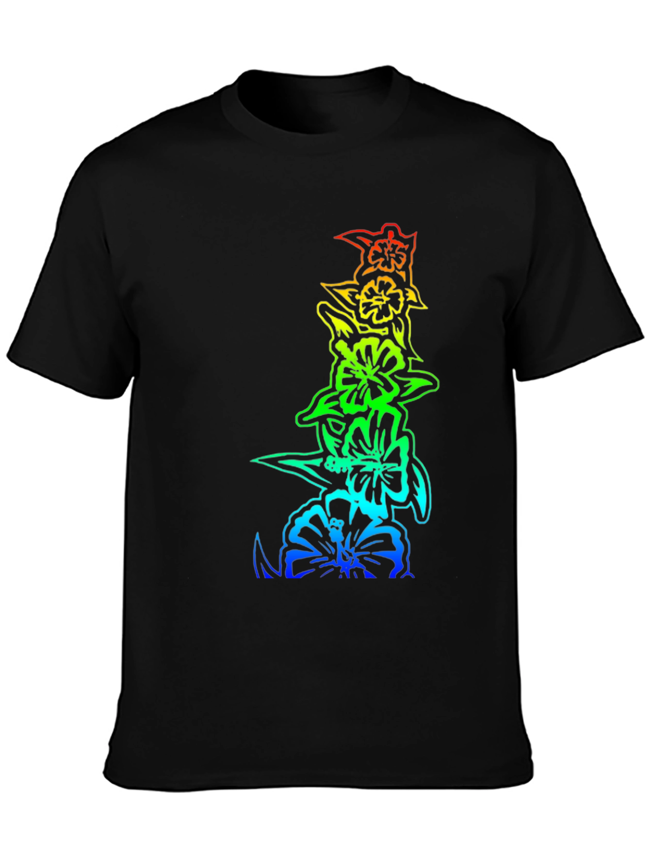 Rainbow Hibiscus Flower Graphic Black T-Shirt