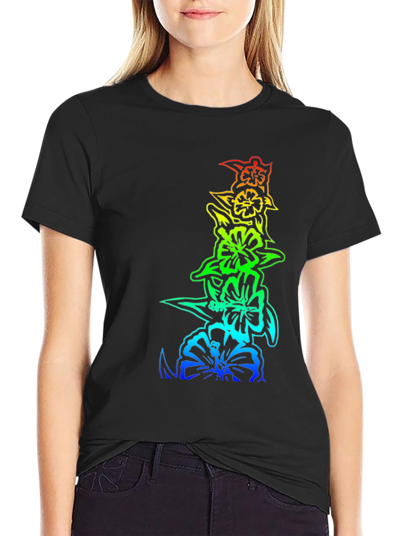 Rainbow Hibiscus Flower Graphic Black T-Shirt