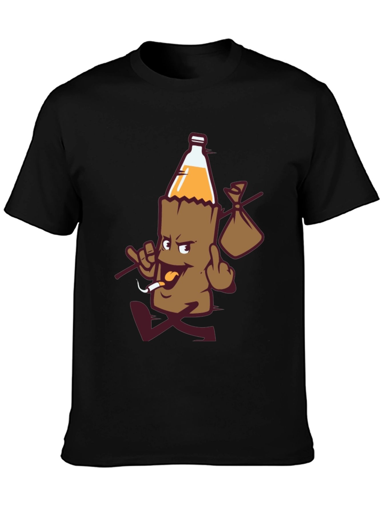 Novelty Cartoon Beer Bottle Run Black T-shirt