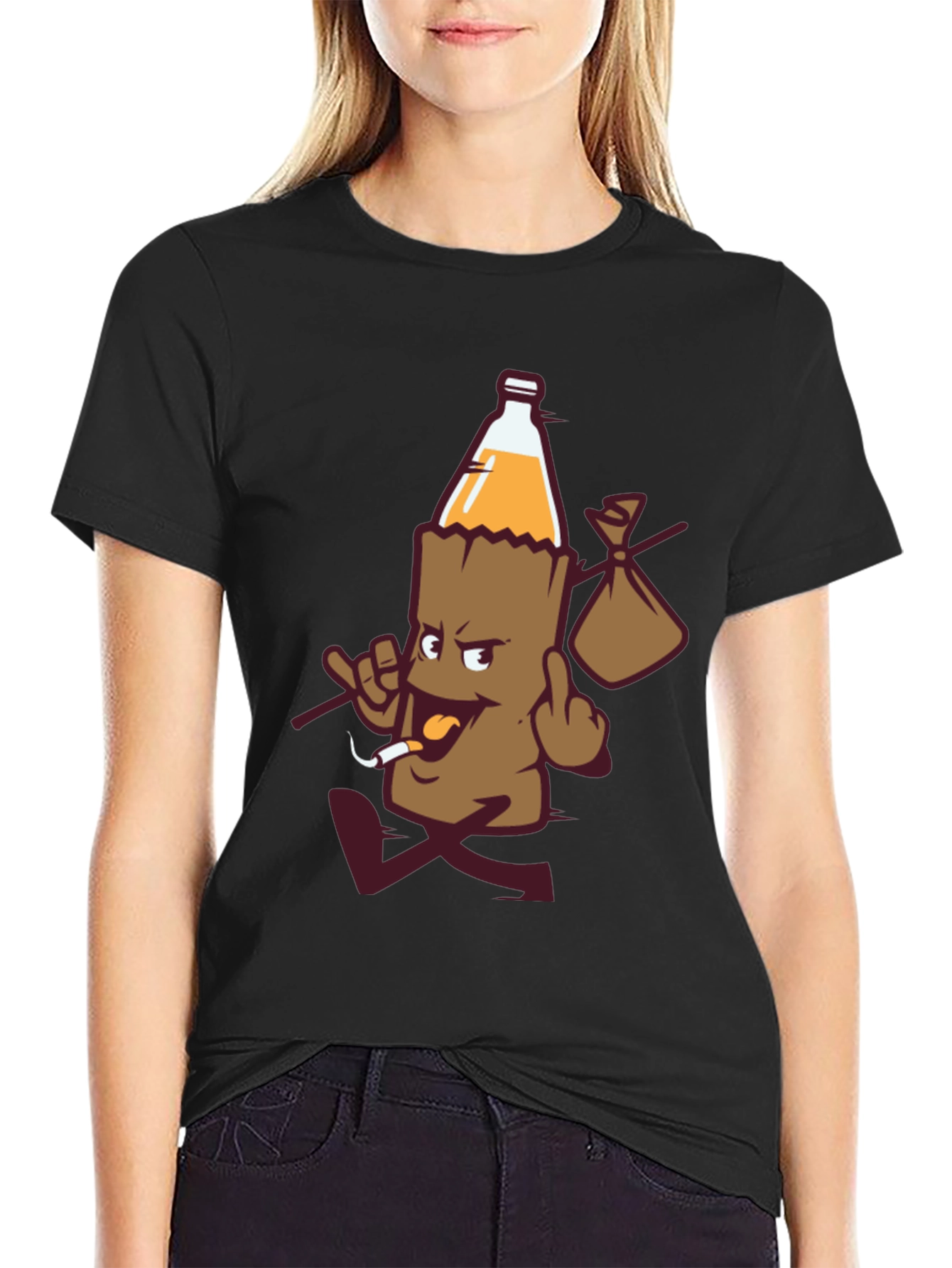 Novelty Cartoon Beer Bottle Run Black T-shirt