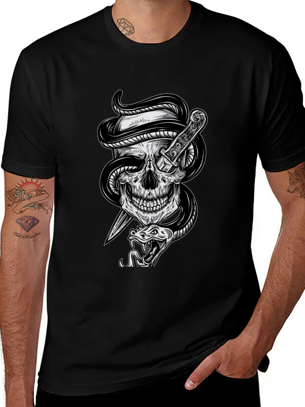 Skull Snake Dagger Graphic Tee - Mens Black T-Shirt
