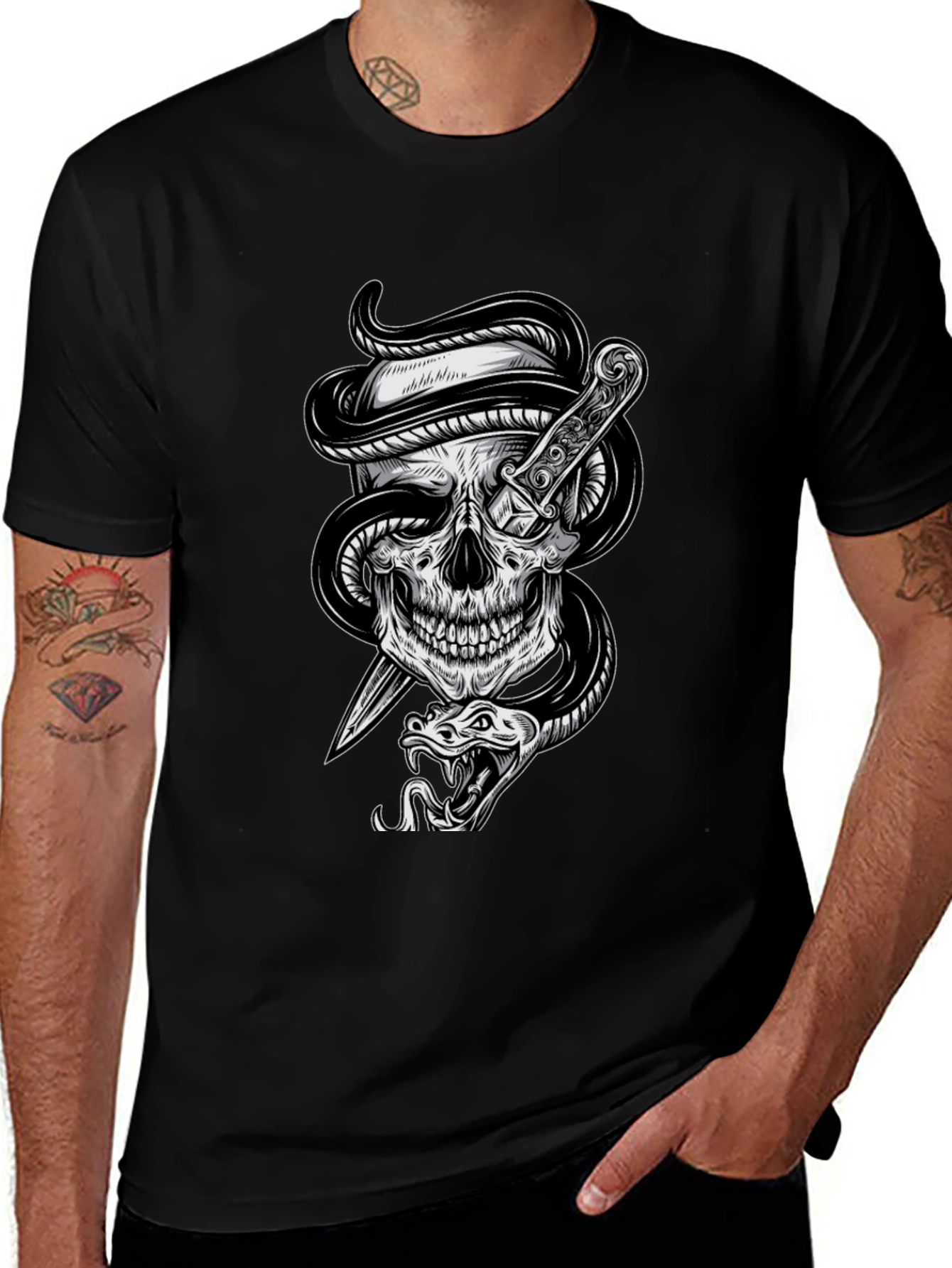 Skull Snake Dagger Graphic Tee - Mens Black T-Shirt
