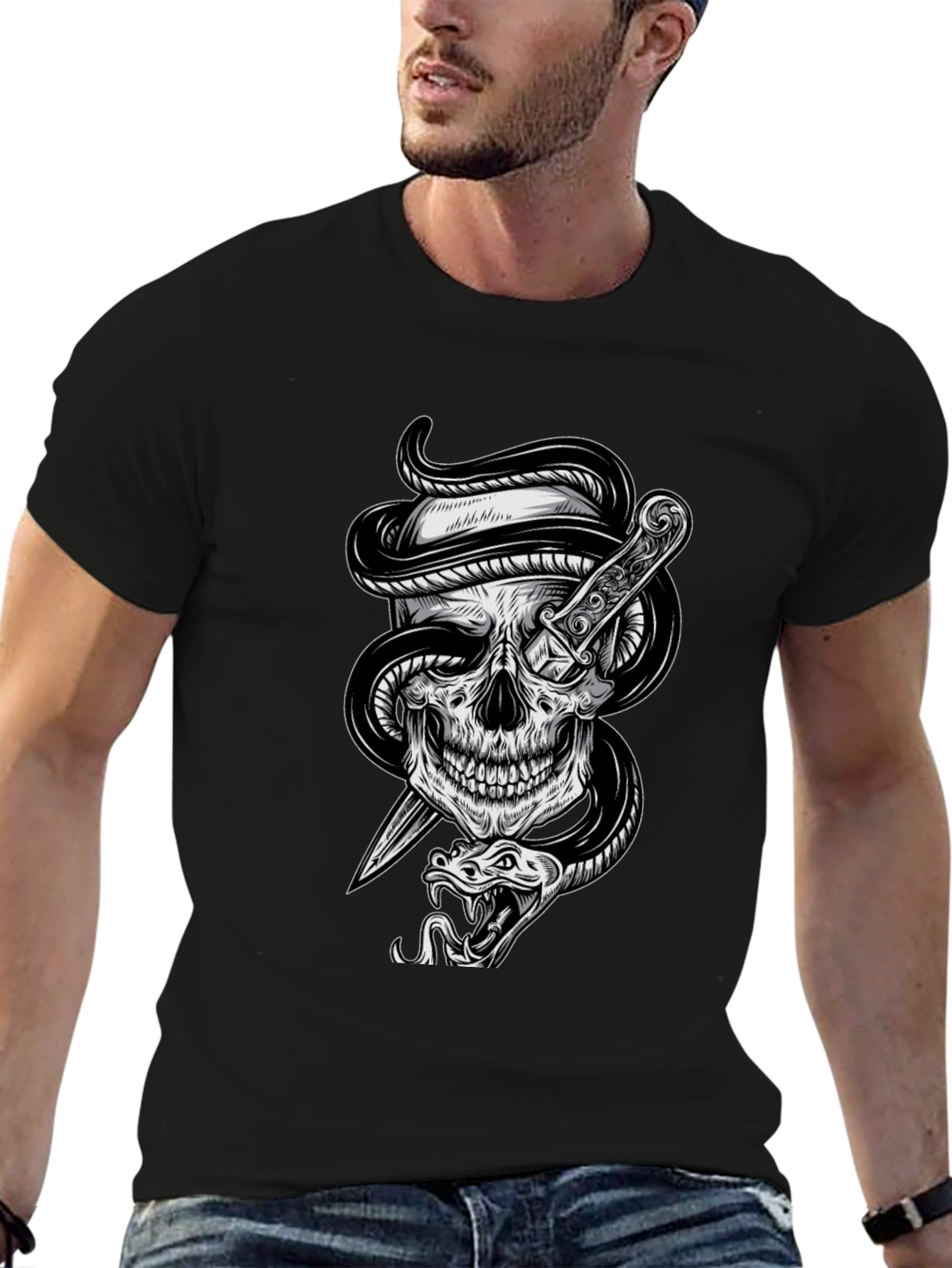 Skull Snake Dagger Graphic Tee - Mens Black T-Shirt
