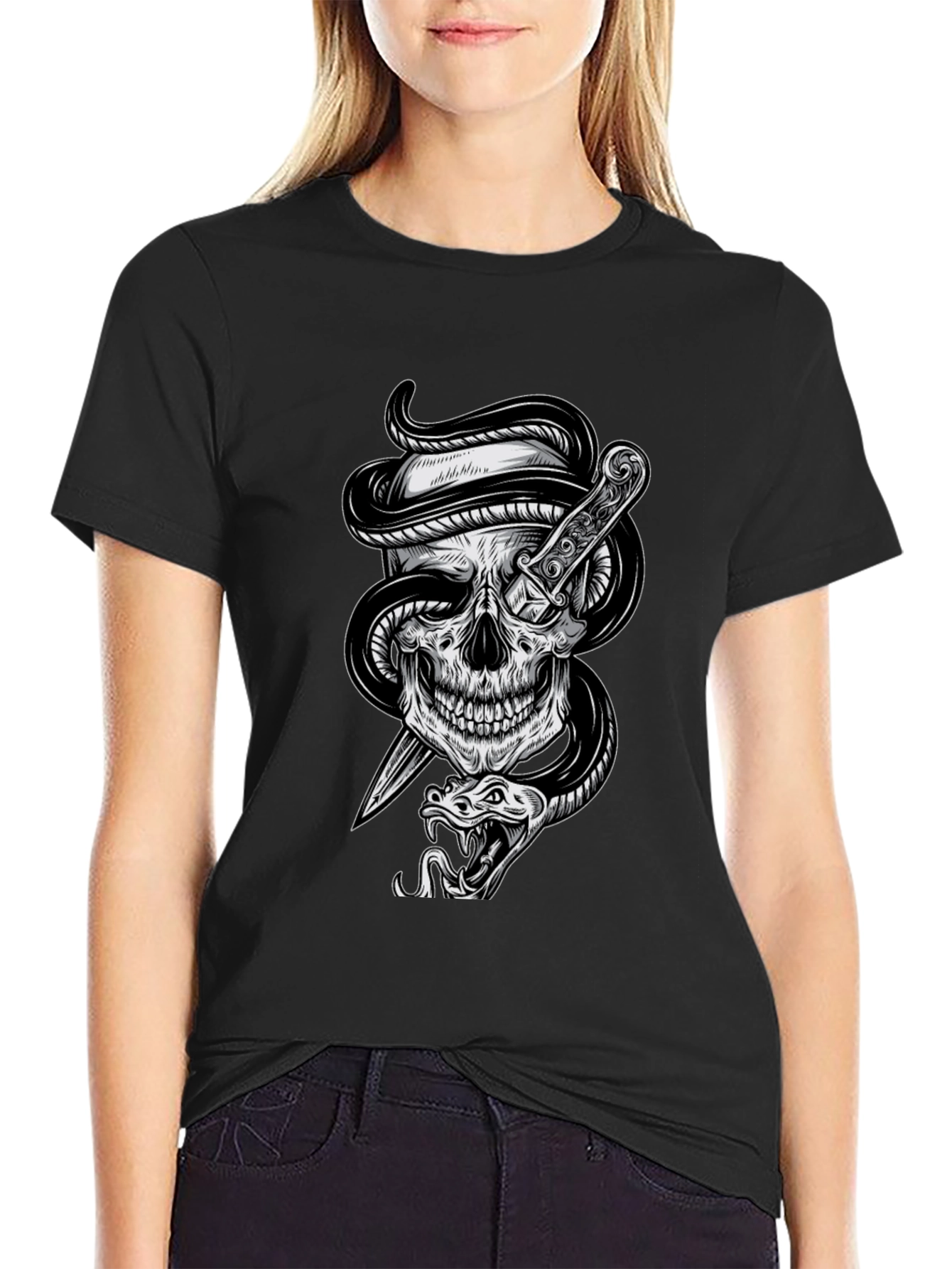 Skull Snake Dagger Graphic Tee - Mens Black T-Shirt