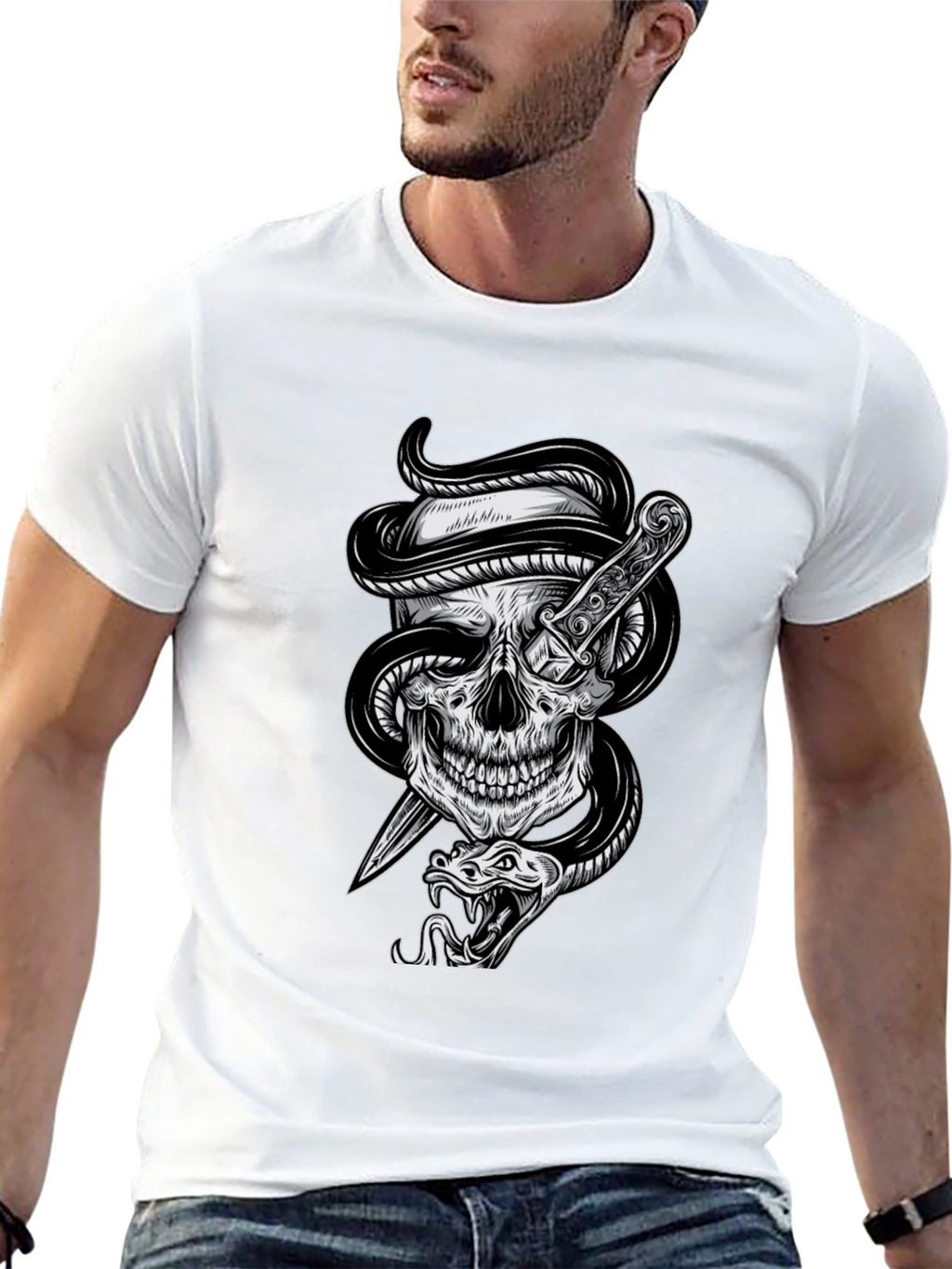 Skull Snake Dagger Graphic Tee - Mens Black T-Shirt