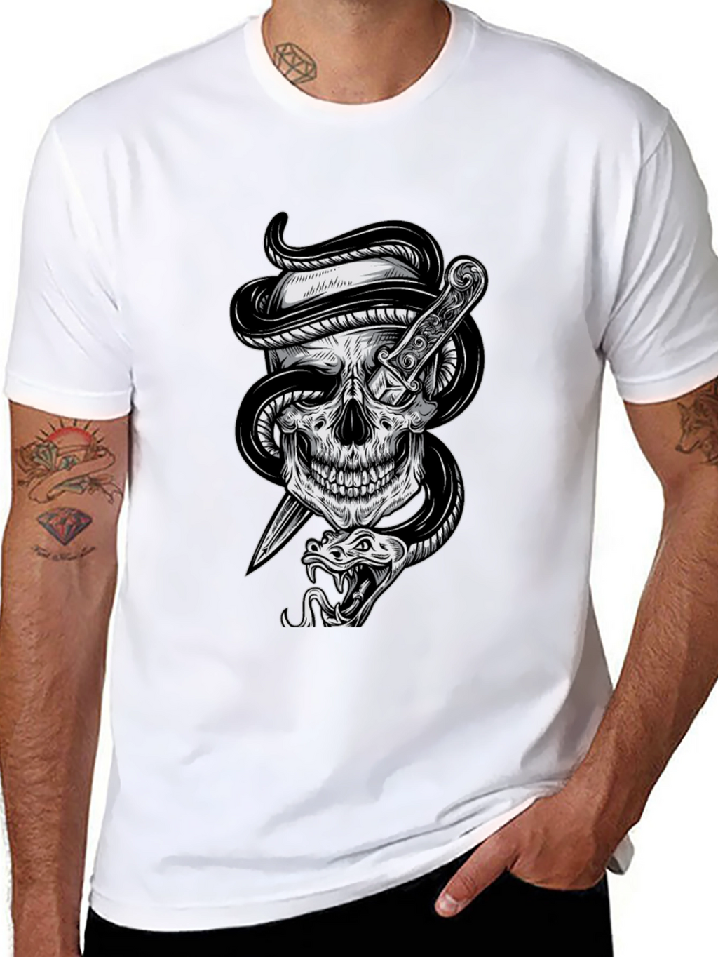 Skull Snake Dagger Graphic Tee - Mens Black T-Shirt