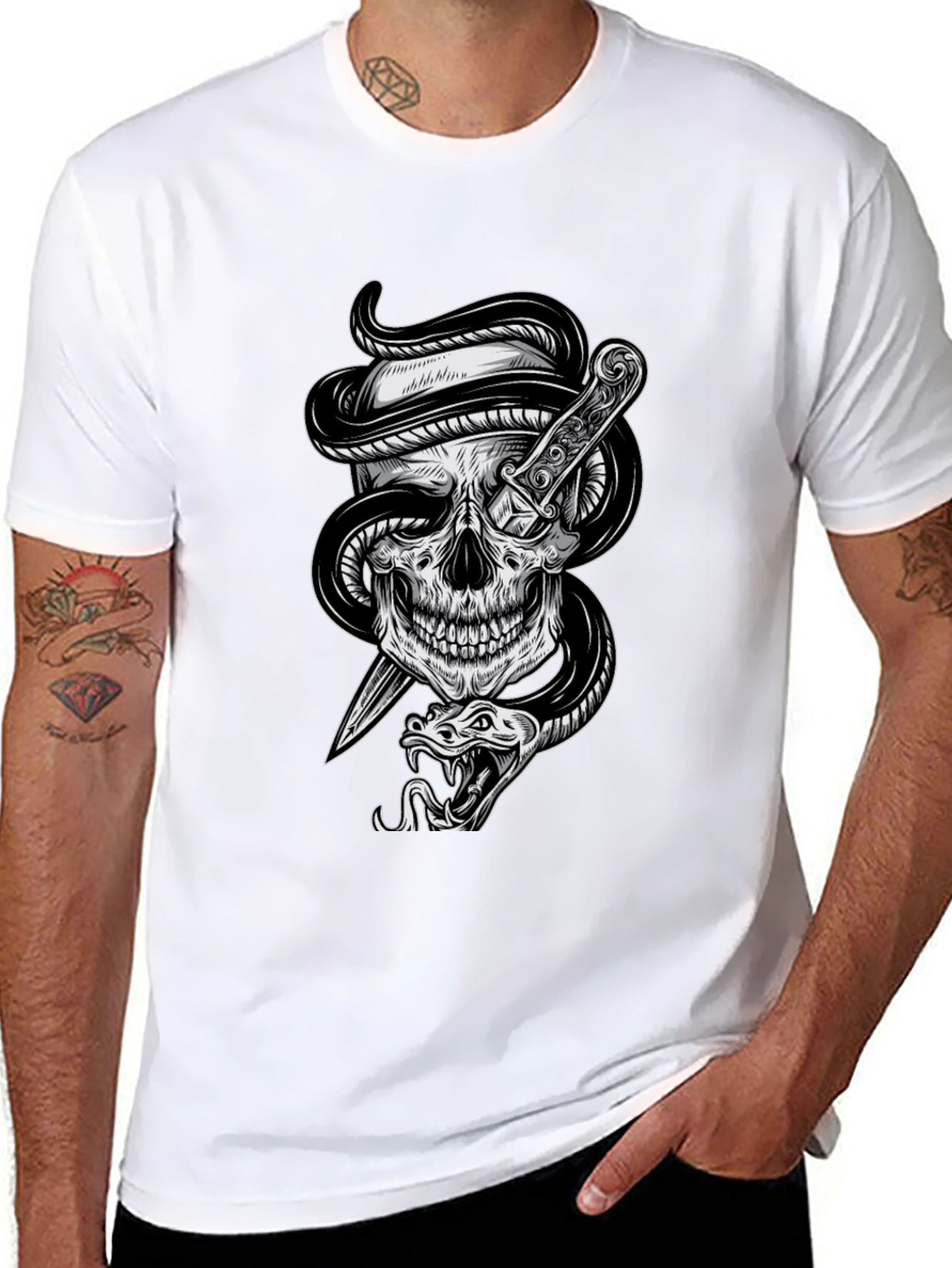 Skull Snake Dagger Graphic Tee - Mens Black T-Shirt