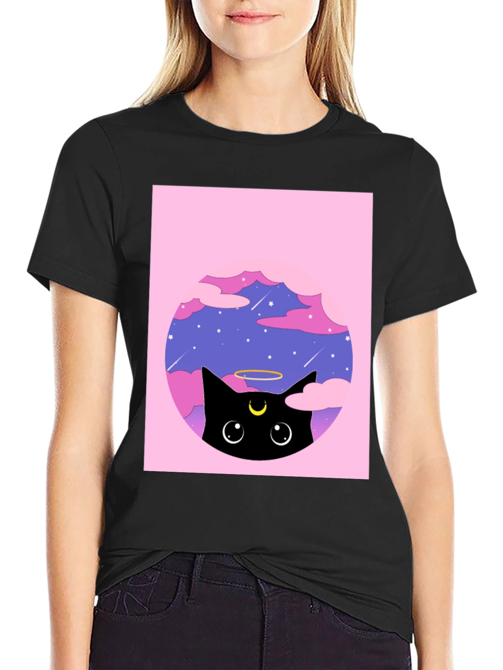 Black Cat in Clouds Graphic Tee