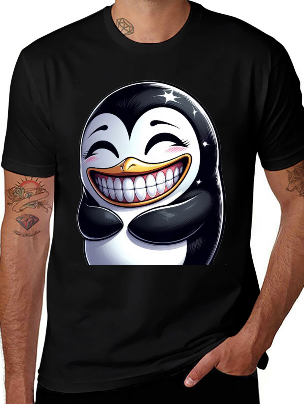 Funny Penguin Graphic Tee - Black Cotton Blend T-Shirt