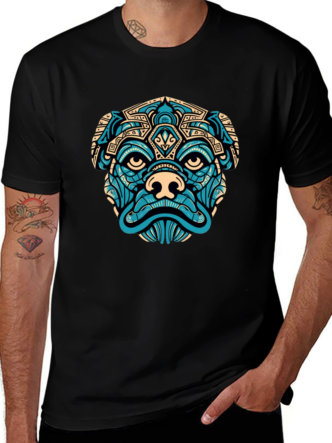 Aztec Pug Graphic T-Shirt - Black