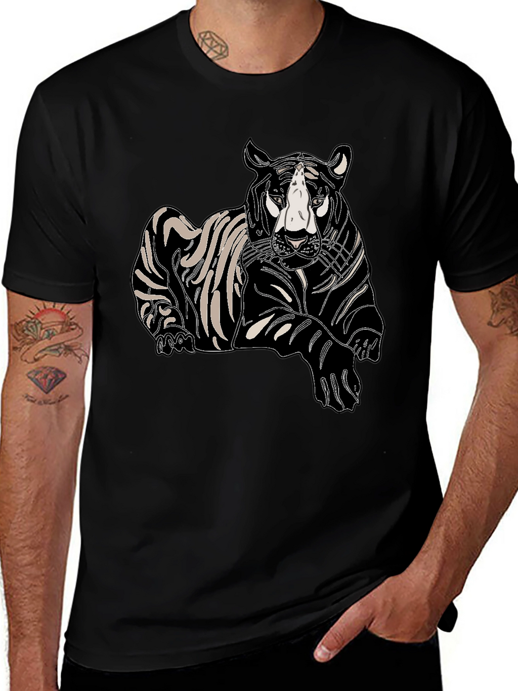 Mens Black T-Shirt with Tiger Print