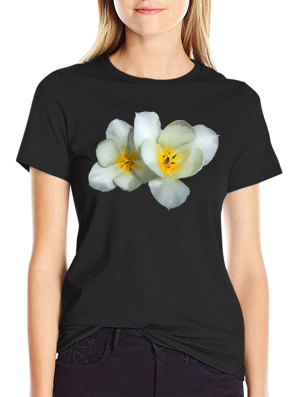 Floral Graphic Tee - White Flowers on Black