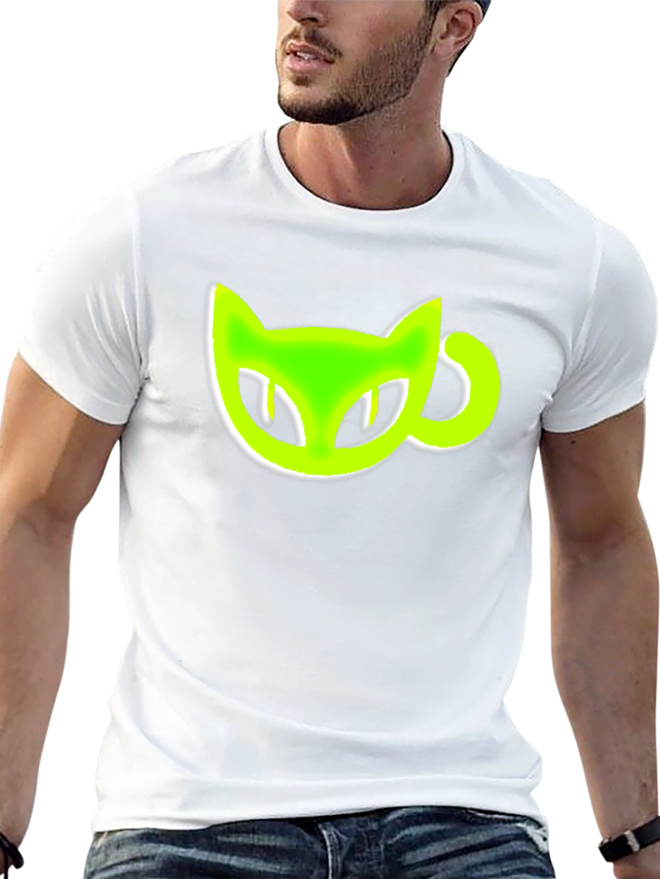Black T-Shirt with Green Cat-Shaped Coffee Mug
