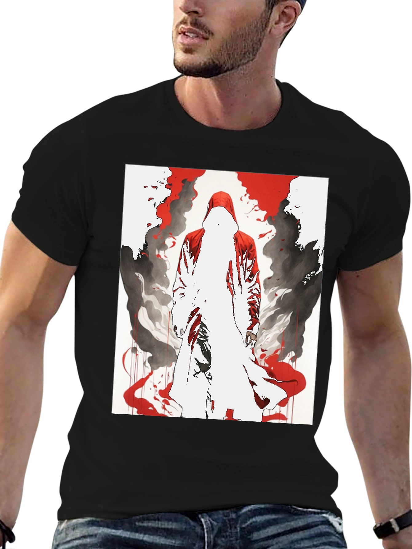 Red Hooded Figure Graphic Black T-Shirt