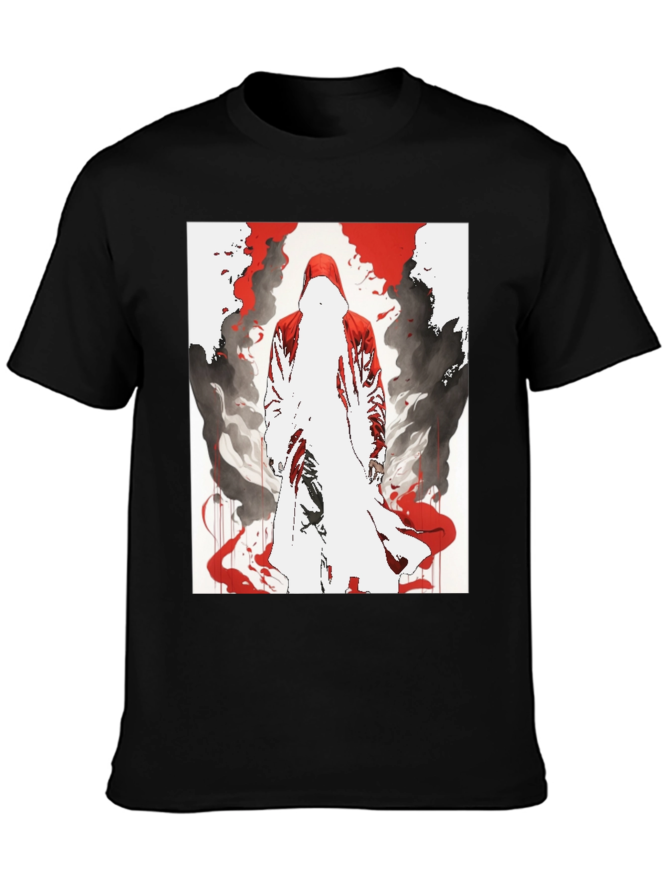 Red Hooded Figure Graphic Black T-Shirt