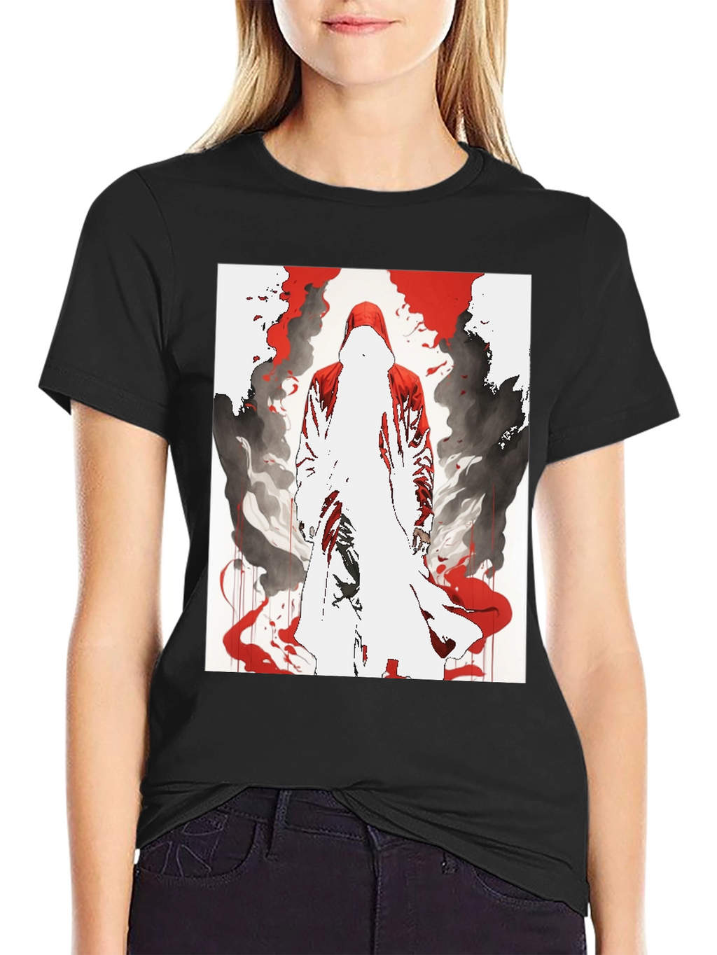Red Hooded Figure Graphic Black T-Shirt