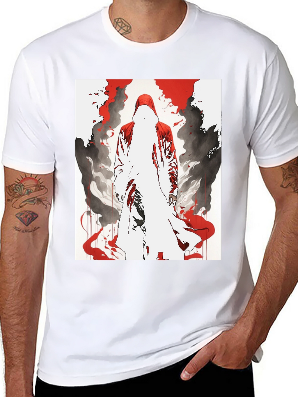 Red Hooded Figure Graphic Black T-Shirt