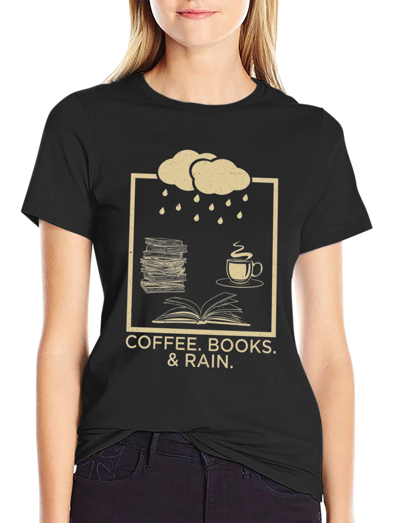 Coffee Books Rain T-Shirt - Cozy Weather Apparel
