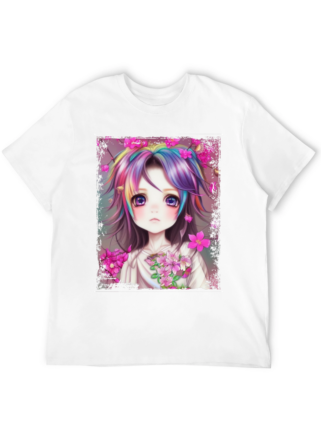 Anime Girl Rainbow Hair Graphic Tee