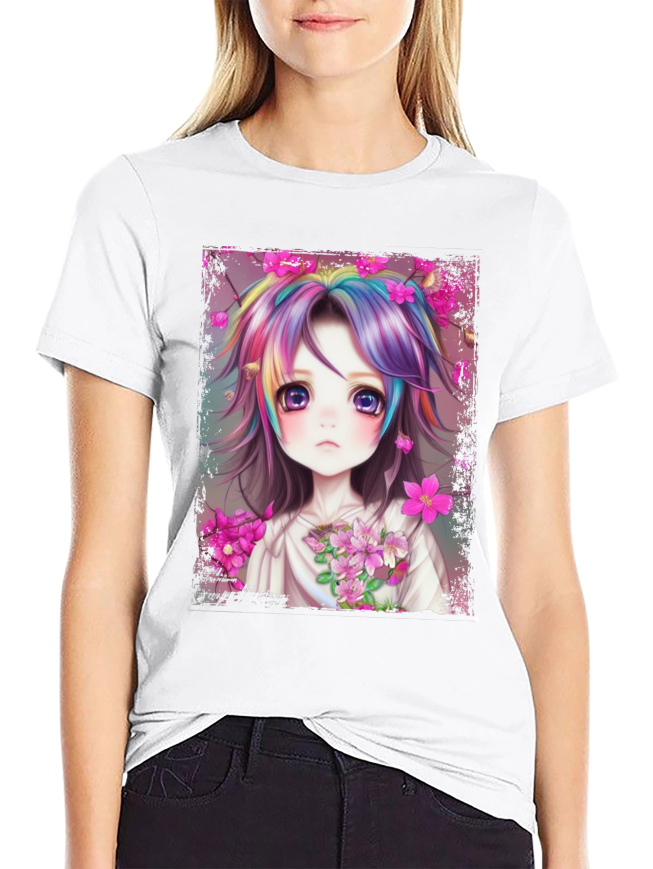 Anime Girl Rainbow Hair Graphic Tee