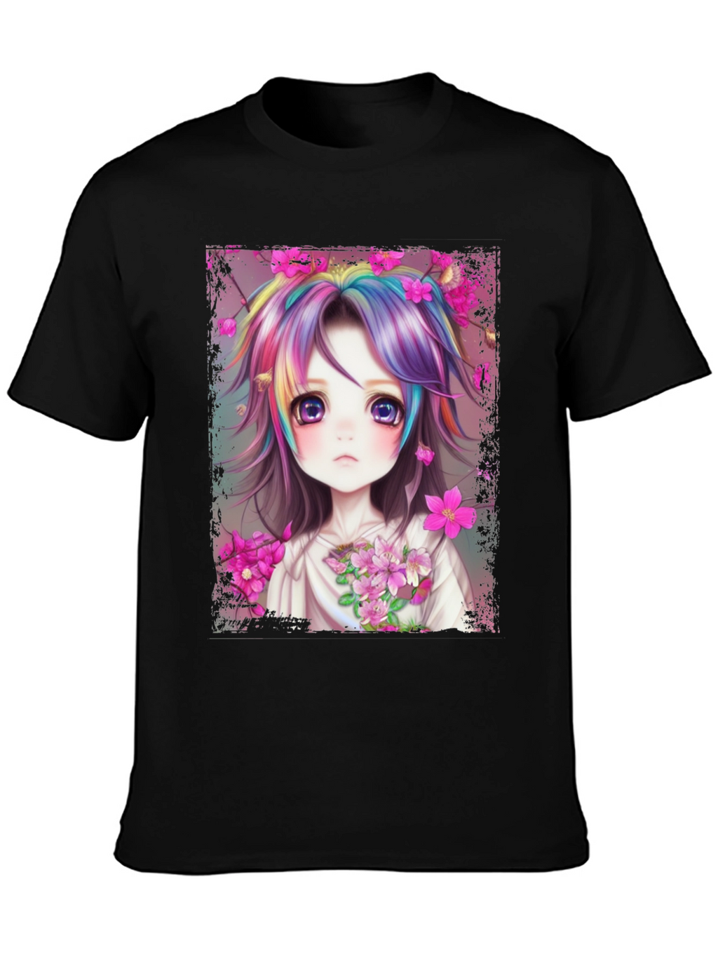 Anime Girl Rainbow Hair Graphic Tee