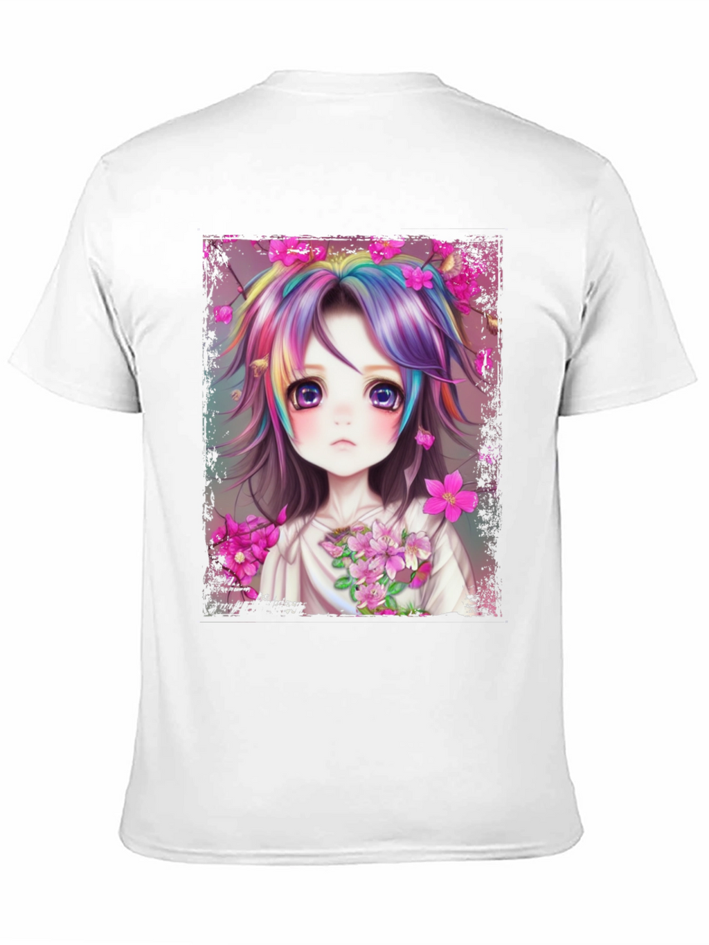 Anime Girl Rainbow Hair Graphic Tee
